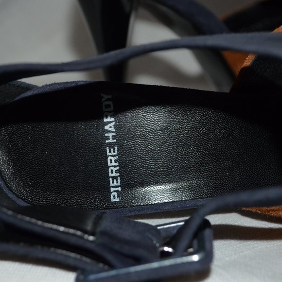 Sz 37 6.5 Pierre Hardy Navy Brown Suede Buckle Strap 4" Heels - Picture 8 of 9